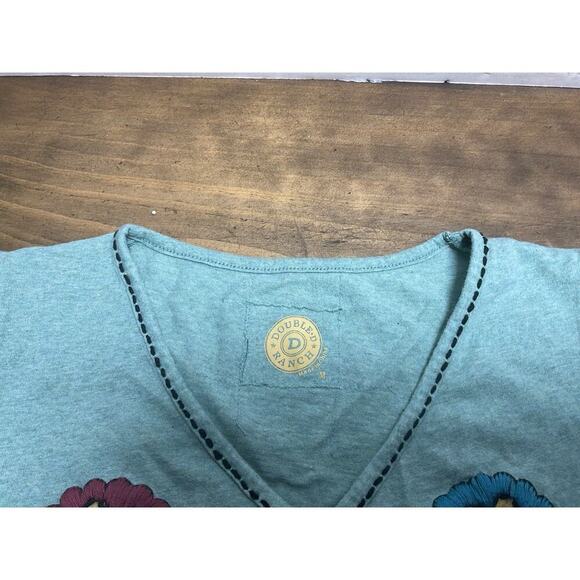 Double D Ranch Floral Embroidered Tee Green Contrast Stitching Medium - Picture 8 of 11